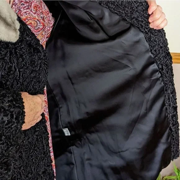 Vintage Black 50s Persian Lamb Karakul Gray Mink Collar Fur Coat Size Large - Picture 6 of 9